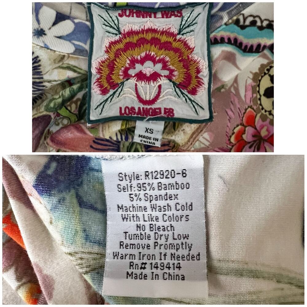 Johnny Was | Dragon Floral Mixed Print Short Sleeve Jersey Tee Multicolor Top XS - Picture 8 of 9